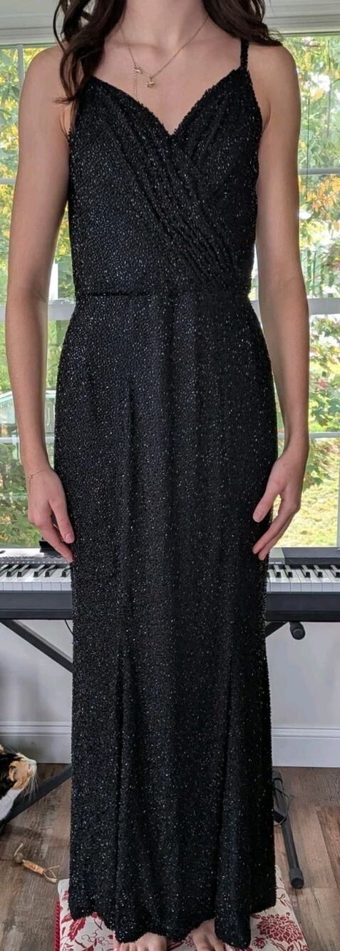 Vintage Ceil Chapman Beaded Evening Gown Black V-Neck Wrap Bodice Maxi Dress